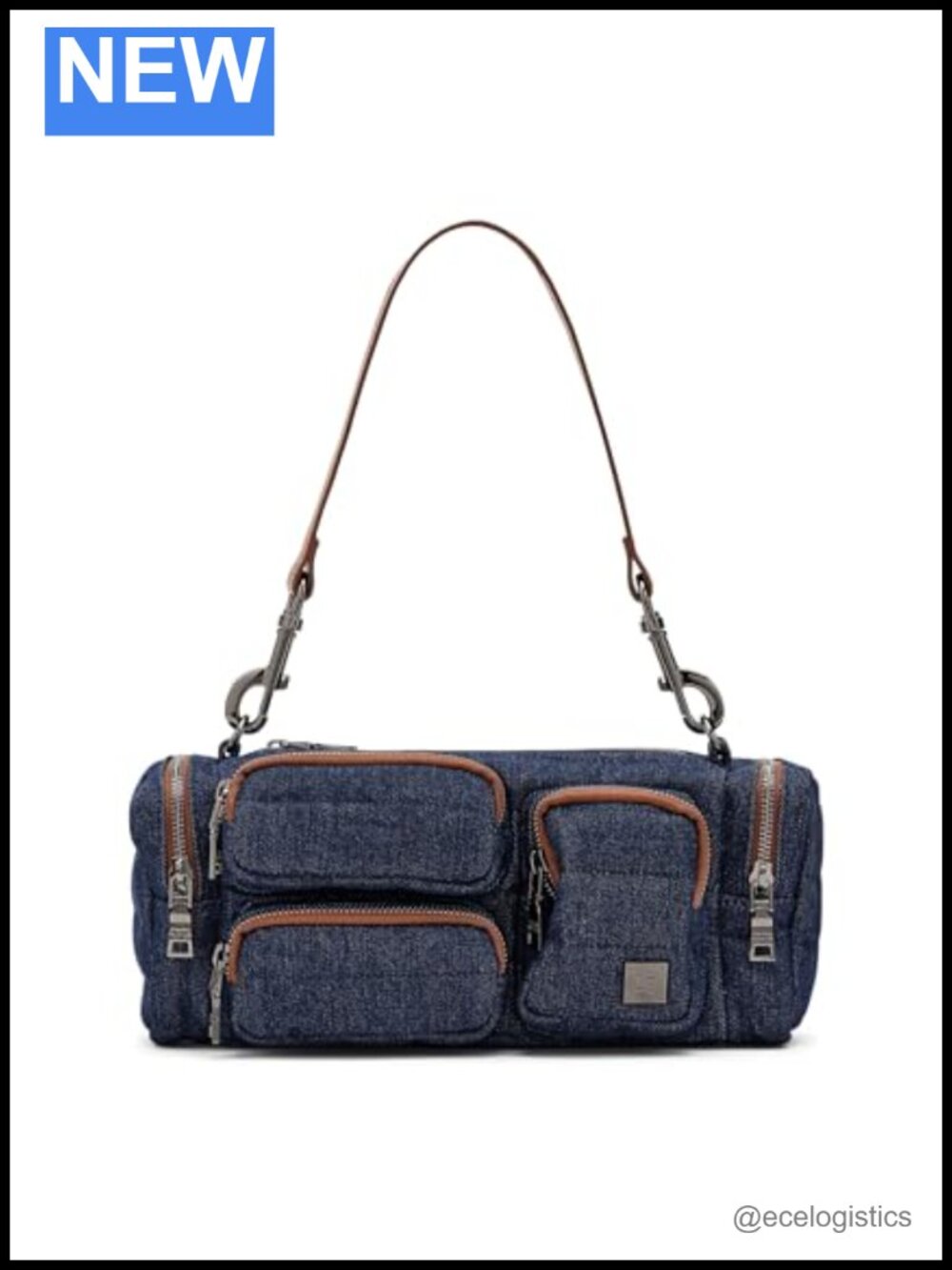 Denim Shoulder Bag with Adjustable Strap, Cargo Style, Zippered